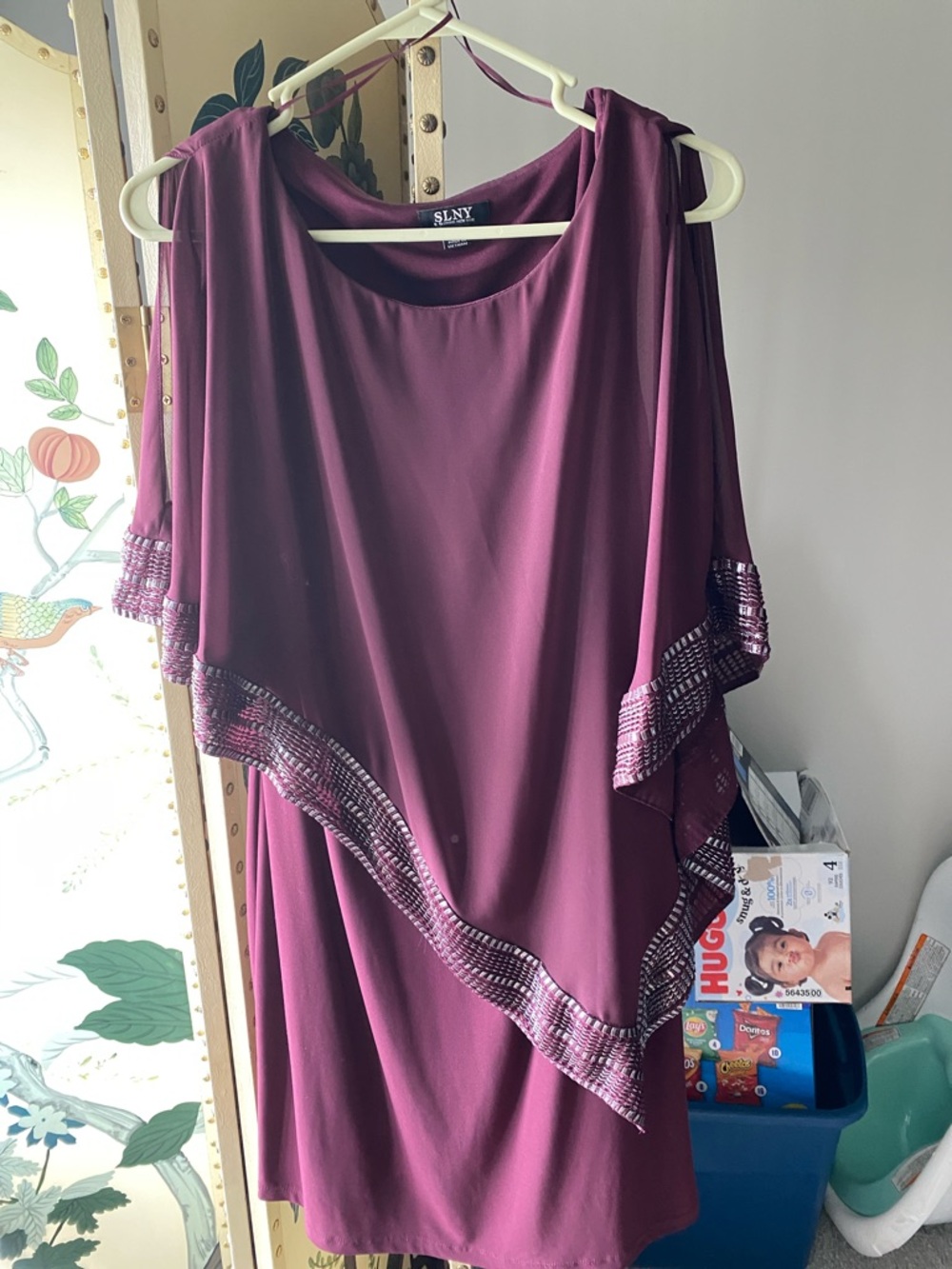 SLNY Plum Cape Dress with Sequin Trim
